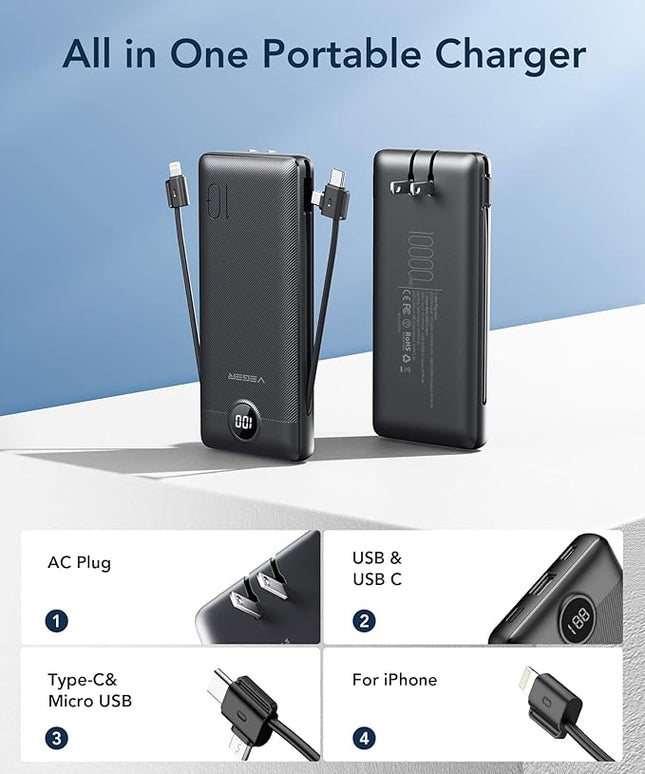VEGER Portable Charger for iPhone Built in Cables and Wall Plug, 10000mah Slim Fast Charging USB C Power Bank, Travel Essential Battery Pack Compatible with iPhones, iPad, Samsung More Devices(Black)