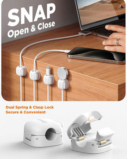 6Pack Cord Organizer, Chfeila Compact Dual Spring & Clasp Lock Cable Management Clips, Adhesive Phone Charger Keeper, Wire Holder for Nightstand/Wall/Car, Home Office Desk Accessories Decor Essentials