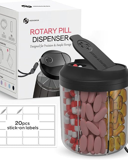 Pill Dispenser with 7 Large Compartments, 4.4" H x 3.6" Dia Pill Organizer for Travel, Supplement Organizer with Anti-Mixing Design, BPA-Free Pill Container with 20 Pcs Labels, Black