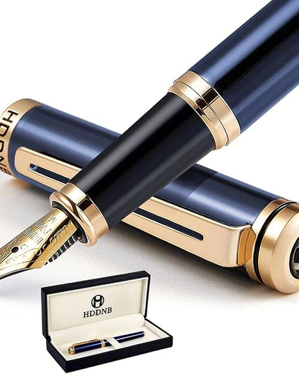 HDDNB Blue Luxury Fountain Pen Set for Men and Women with Gift Box, 24K Gold Finish and Gilded Nib(Medium) with 5 Black Ink Cartridges and Converter