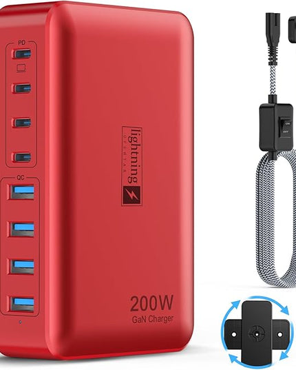 8-Port USB Charger Block 200W with Flat Plug, Braided Power Cord, and On/Off Switch- USB Charging Hub for iPhone, iPad, MacBook and More- 65W C Port Power Adapter for Laptops