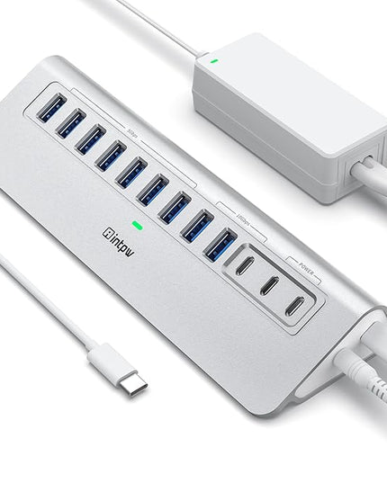 YH9AC Powered USB Hub 10Gbps, intpw 12 Port USB C Hub with 10Gbps USB C 3.2+2 USB A 3.2, 7 USB 3.0, 2 PD 45W Charging Port, 65W Power Adapter + 3.3FT Cable, Aluminum USB Hub for Laptop/iPhone 17/16/PC