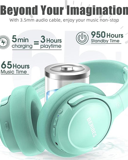BERIBES Bluetooth Headphones Over Ear, 65H Playtime and 6 EQ Music Modes Wireless Headphones with Microphone, HiFi Stereo Foldable Lightweight Headsets, Deep Bass for Home Office Cellphone PC Ect.
