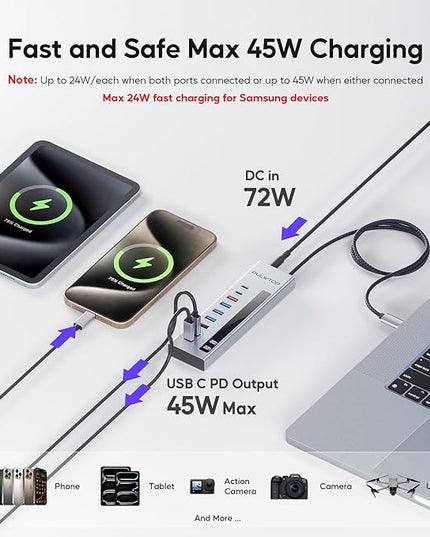 Powered USB C Hub, 10-in-1 USB 3.2 Data Hub with 3 x USB A/C 10Gbps, 3 x USBA 5Gbps, USB A 2.0, 100W PD-in, 2 x 24/45W Type-C Charging Ports (72W Adapter Included)