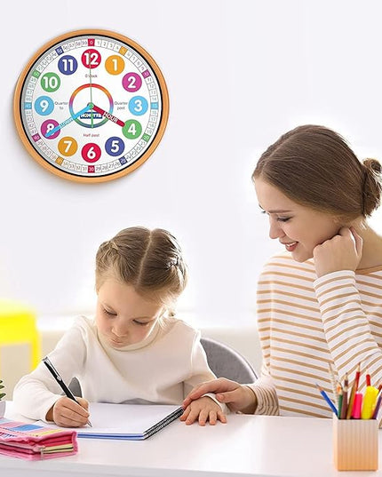 Kids Wall Clock for Bedroom, 10 Inch Round Multi-Colored Learning Clock, Children's Silent Analog Non-Ticking Educational Wall Clock for Boys and Girls Home Decor