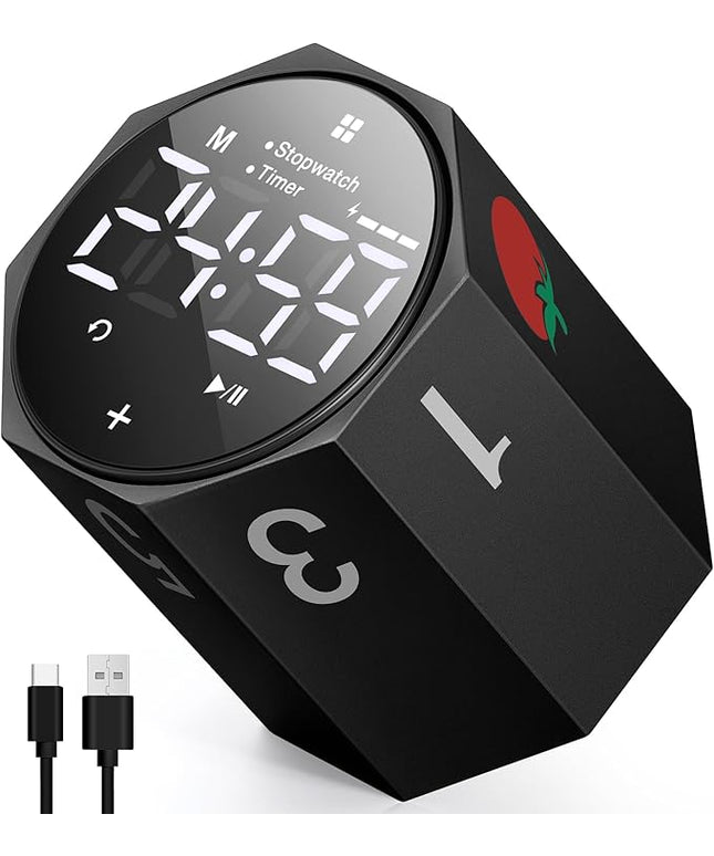 Digital Pomodoro Timer,Frosted Metal Productivity Cube Timer,1.8 In LED Digital Large Screen and Auto-rotating Display,1/3/5/10/25/30/60min & Custom Time, Silent & Alarm,for Office, Study, Work(Black)