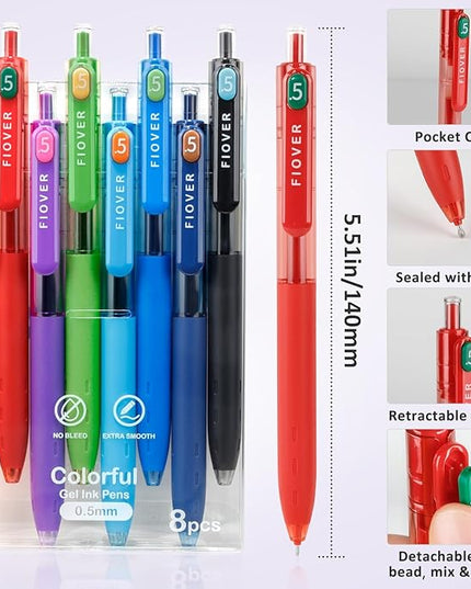 FIOVER Colored Gel Pens, 0.5mm Quick Dry Ink Fine Point Smooth Writing Colorful Pens for Journaling, School Supplies, Gifts for Nurses and Teens, Stocking Stuffers for Women (8PCS)