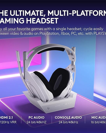 Logitech G Astro A50 X Multi-Platform Wireless Gaming Headset + Base Station for PS5/Xbox/PC: PLAYSYNC Video & Audio Switcher, HDMI 2.1 4K 120Hz VRR, <24bit/48kHz, 24hr Battery, 2.4GHz & BT - White