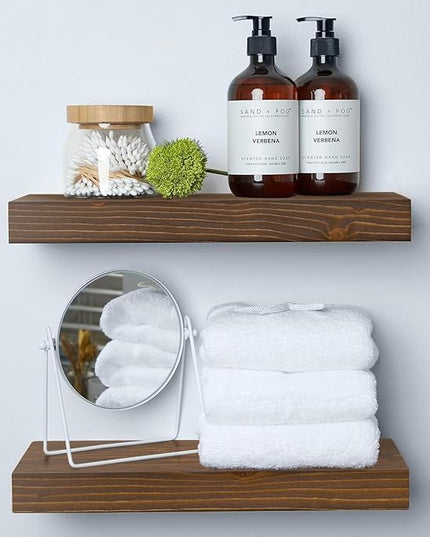 Homeforia Classic Walnut 16 inch Floating Shelf, High End Solid Real Wood Small 16inch Floating Shelves for Wall Mounted, 16in Floating Shelves, Heavy Duty Bracket, 16 X 6.5 X 1.75 inches, Set of 2