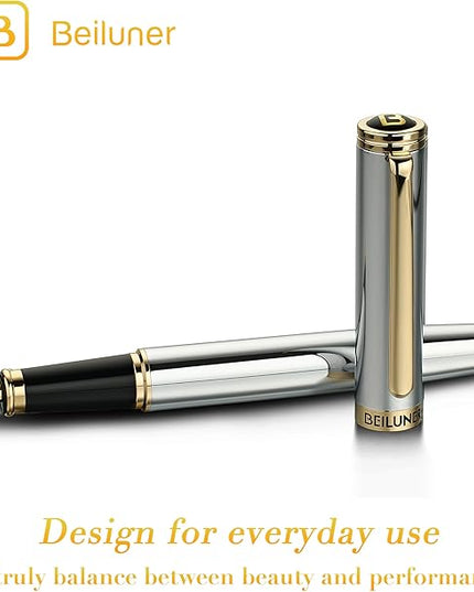 BEILUNER Silver Chrome Fountain Pen,Stunning Luxury with 24K Gold Accents, Gorgeous 24K Gilded Nib(Medium), Fancy Pen Gift for Men&Women -Ink Converter-Elegant, Office,Nice Pen for Writing