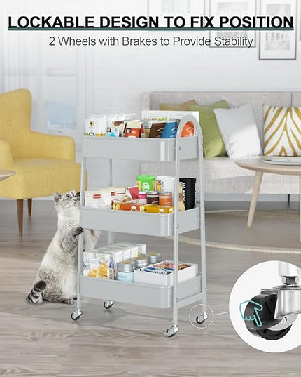 EAGMAK 3 Tier Utility Rolling Cart, Metal Storage Cart with Handle and Lockable Wheels, Multifunctional Storage Organizer Trolley with Mesh Baskets for Kitchen, Living Room, Office, Garage (Grey)