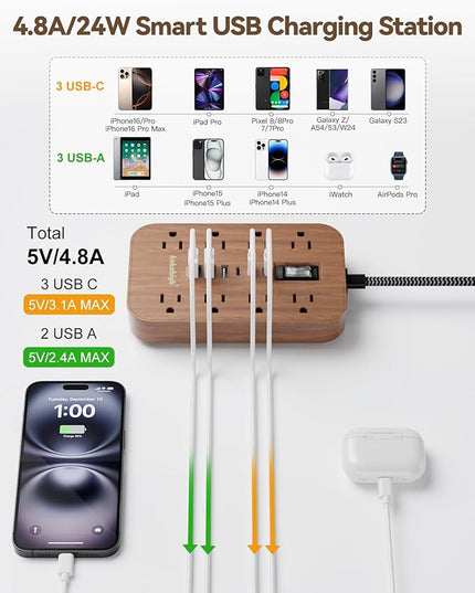 Walnut Power Strip with USB Ports - 5 FT Wood Power Strip, 1625W Decorative Extension Cord with 6 AC Outlet 3 USB, for Brown Tan Wood Walnut Grain Aesthetic Vintage Rustic Desk Accessories Decor