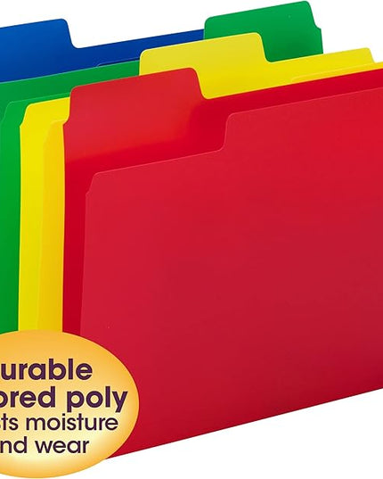 Smead SuperTab Poly Plastic File Folders for Documents, Set of 12 Plastic Folders, 1/3-Cut Tabs, File Folders Letter Size, Assorted Primary Colors, Office Supplies, School Supplies (10516)