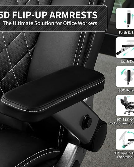Big and Tall Office Chair with 5D Arms, 600lbs Heavy Duty Desk Chair with Adjustable Lumbar Support, PU Leather High Back Ergonomic Executive Computer Chair with 3'' Silent Casters