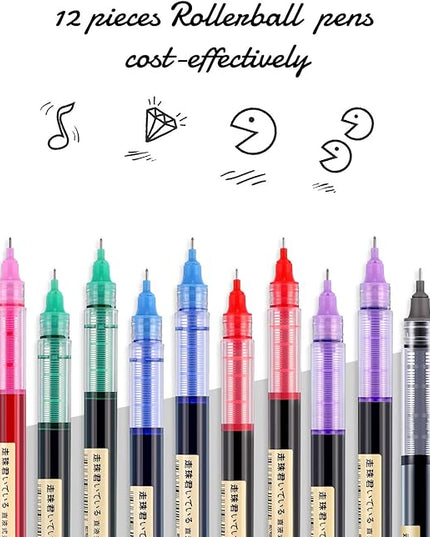 Frienda 12 Pieces Rolling Ball Pens 0.5 mm Japanese Quick Drying Fine Point Pens Liquid Ink Smooth Writing for Office Student Back to School Supplies(Multicolor)