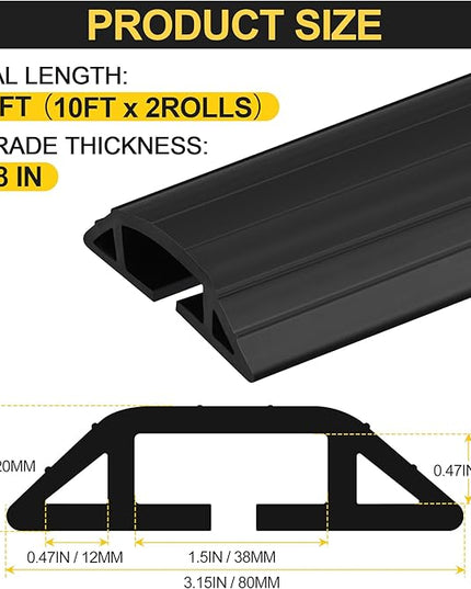 MYFAMIREA 20FT Floor Cord Cover Heavy Duty Cable Cover Protector 3 Channels Extension PVC Floor Wire Cover Outdoor Cord Hider Management Cord Cover for Wire on Floor Home Outdoor (2PCS 10FT, Black)