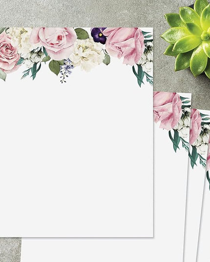 Current Victorian Rose Floral Letter Paper - Spring Stationery Papers With Decorative Rose Border, Printable Holiday, Wedding & Bridal Shower, & Invitation Sheets, Set of 25, 8 1/2" x 11"