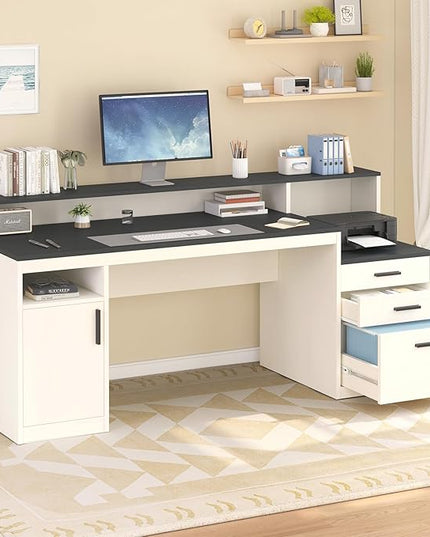 65 Inch Computer Desk with 3 Drawers & Storage Shelves, Executive Desk with File Drawer & Cabinet, Home Office Desk with Long Monitor Stand & Printer Shelf, Black & White