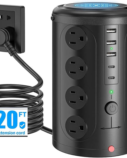 Power Strip Tower Surge Protector with 16 Outlets and 5 USB Ports (2 USB-C), 20FT Extension Cord with Multiple Outlets,Heavy Duty Charging Station,Home Office Dorm Room Essentials.No Wireless Charging