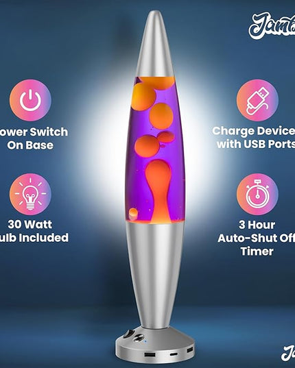 JAMBO Upgraded Motion Lamp – 16" Purple Liquid, Yellow Wax – USB Ports, Timer – Night Light for Adults, Teens, Kids – Bedroom, Living Room, Office Décor Lamp