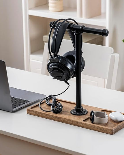 FARM IN Solid Acacia Wood Headphone Stand for Desk Industrial Headset Holder with Storage Base for Gaming and Office Accessories