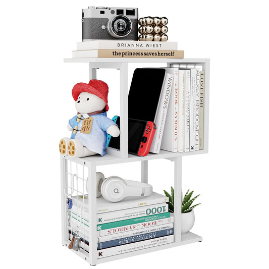 Vfelf Small Desktop Bookshelf Organizer, White 3-Tier Desk Shelf with Metal Hook Workspace Organizers for Desk Organization and Office Storage Table Bookcase