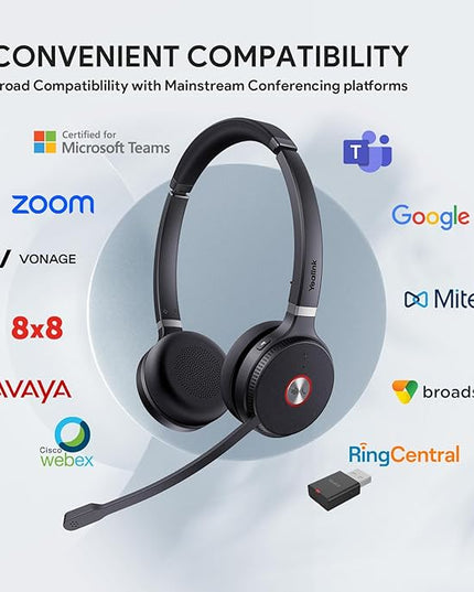 Yealink WH62 Portable Wireless Headset with DECT Dongle, 393 ft,Teams, Zoom Skype Certified, Office Work Headphones with 2X Noise Cancelling Mic, 13H Call Time, (Computer, Desk Phone)