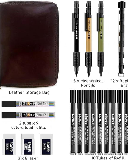 Nicpro 21PCS 1.3 mm Mechanical Pencil Set in Leather Bag with 138 Lead Refill Black & Colors, Erasers- Weatherproof Metal Heavy Duty Carpenter Pencil for Outdoor Drafting Marking Drawing Woodworking