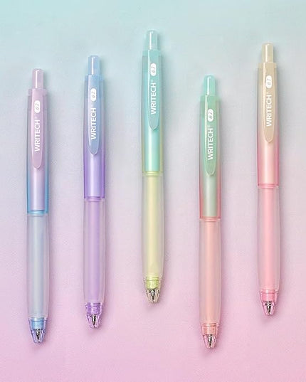 WRITECH Retractable Gel Ink Pens: 0.7mm Fine Point Black-Ink Aesthetic Gradient Color Barrel Soft Grip Medium Point Pen 5ct with 5 Refills for Journaling Smooth Writing Quick-dry No Bleed