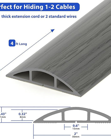 Floor Cord Cover 4ft, Cord Hider Floor Hide Extension Cords, PVC Cable Management Cover, Cable Protector Cord Cavity W0.6in x H0.32in Grey Wood