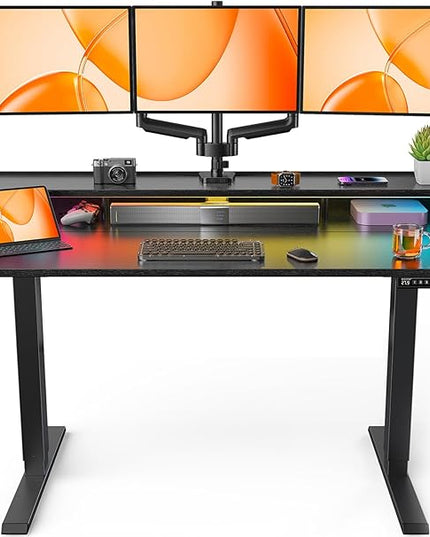 ErGear Standing Desk with LED Strip, 55″ x 28″ Electric Height Adjustable RGB Gaming Table with Shelf, Sit Stand Desk with Dual Cable Holes, C-Clamp Mount Compatible, 4 Preset Heights, Black