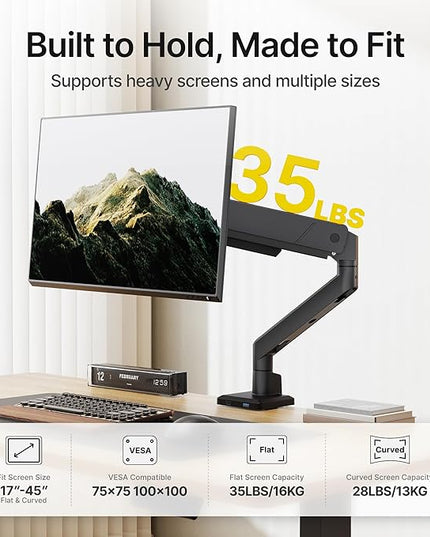 monTEK Single Monitor Arm with USB for Max 45 Inch Ultrawide Screens Adjustable Monitor Desk Mount Holds 35 Lbs Cable Management with C Clamp/Grommet Desk Mount, VESA 75/100mm, MA1007UCBK