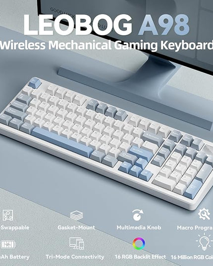 LEOBOG A98 - 96% Mechanical Keyboard Wireless Tri-Mode BT5.0/2.4GHz/USB-C, Creamy Keyboard with Number Pad, Gasket Structure, Hot Swappable, RGB Backlit Gaming Keyboard with Knob for PC/Mac/Windows
