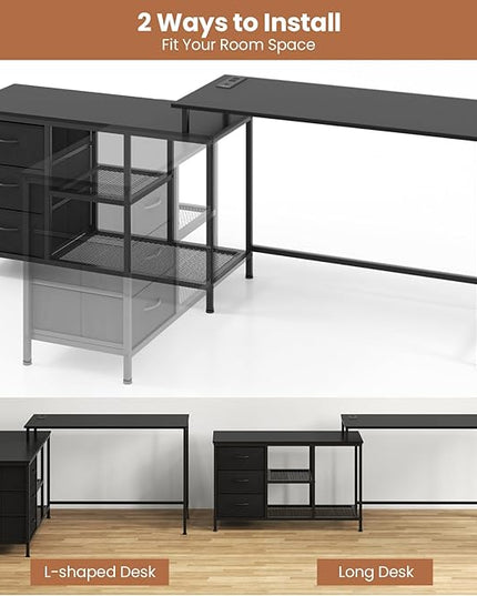 Tangkula 81 Inch L-Shaped Desk with Power Outlet, Convertible Corner Desk with Drawers & Shelves, Office Desk for Working, Studying, Gaming (Black)