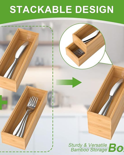 Bamboo Drawer Organizer – Set of 2 Stackable Storage Boxes, Silverware Tray & Small Gadget Holder for Kitchen Drawers, 9" x 3" x 2" (Outer), 8.3" x 2.3" x 1.77" (Inner)