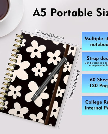 Spiral Journal Notebook, A5 Cute Notebooks for Women Men, College Ruled Hardcover Notebook for Work & Note Taking, 60 Pages Double-Wire Journals for Writing, Black White Flowers