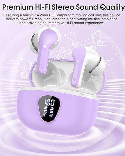 Wireless Earbuds, Bluetooth 5.4 Headphones HiFi Stereo, Bluetooth Earbuds with ENC Noise Cancelling Mic, IP7 Waterproof in Ear Earphones, 48H, LED Display Ear buds for Pad Workout Sports, Purple