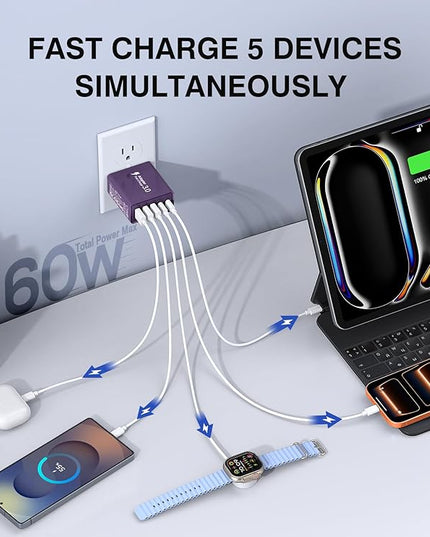 [2-Pack] USB C Wall Charger, 60W Charger Block 5-Port PD Fast Charging Blocks,Multiport 2USB C+3USB A Plug,Type C Power Adapter Brick Cube for iPhone 17/16/15/14/13/Pro,Samsung,for Switch（Purple）