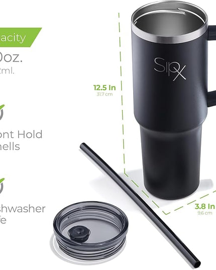 SIPX™ 40 oz Insulated Tumbler with Handle & Straw – Vacuum Insulated Stainless Steel, Leakproof, Cupholder Friendly – Perfect for Iced Coffee, Water & Travel – Black