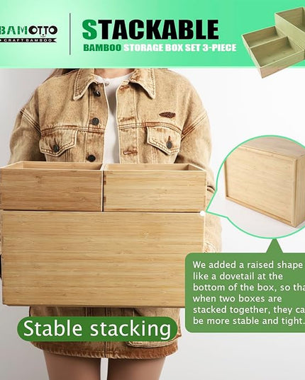 3-Piece Large Bamboo Storage Box Set, 7.1 in High Stackable Deep-Drawer Organizer for Kitchen Cutlery, Utensils & Knives, Exquisite and Durable Lidless Wooden Bin (14.6"x10.2x7.1"*1+10.2"x7.3"x3"*2)