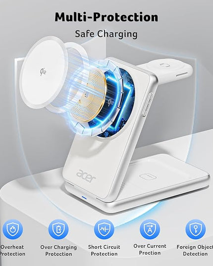 Acer 3 in 1 Charging Station for iPhone, Wireless Charger Stand,15W Fast MagSafe Charger for iPhone 17 16 15 14 13 12 Series-Apple Watch 10 9 8 7 6 5 4 3 2 SE and Ultra Series-Airpods 4 3 2 Pro Series