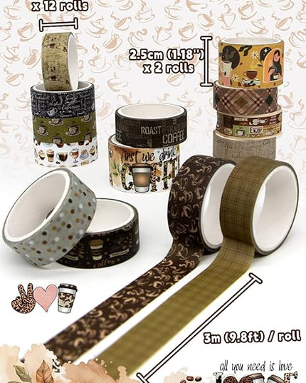 KOVANO Coffee Themed Washi Tape Set, 14 Rolls Vintage Crafts Tape, Art Decorative Tape for Scrapbooking Supplies, Junk Journal, Bullet Journaling, Vision Board Supplies