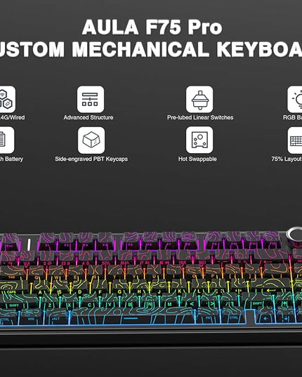 AULA F75 Pro Wireless Mechanical Keyboard with Knob,75% Hot Swappable Custom Gaming Keyboards,RGB Backlit,Pre-lubed Switches,Side Printed PBT Keycaps Creamy Sounding Computer Keyboard, Line Black