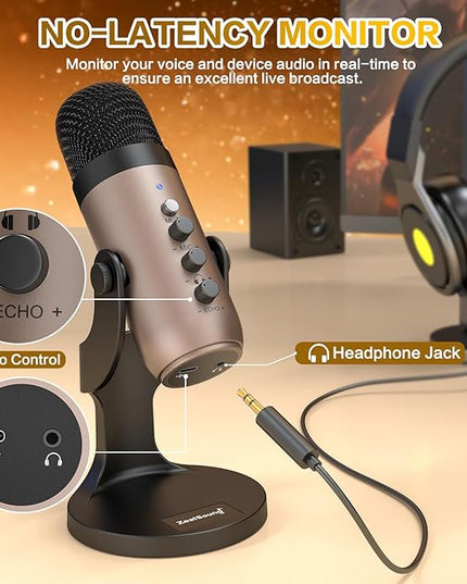 ZealSound USB Microphone,Condenser Computer PC Mic,Plug&Play Gaming Microphones for PS 4&5.Headphone Output&Volume Control,Mic Gain Control,Mute Button for Vocal,YouTube Podcast on Mac&Windows(Gold)