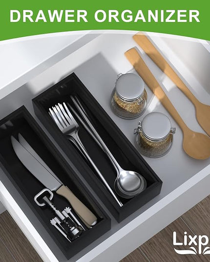 Premium Bamboo Kitchen Drawer Organizer - Set of 2, Stackable Utensils Holder, Storage Box Tray for Kitchen Drawers, Cabinet, Utensil, Silverware, Spatula, Flatware or Makeup, Vanity, Bathroom(Black)