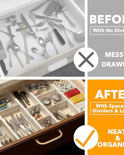 SpaceAid Bamboo Drawer Dividers with Inserts and Labels, Kitchen Adjustable Drawer Organizers, Expandable Organization for Home, Office, Dressers, 10 Dividers with 24 Inserts (17"-22" White)