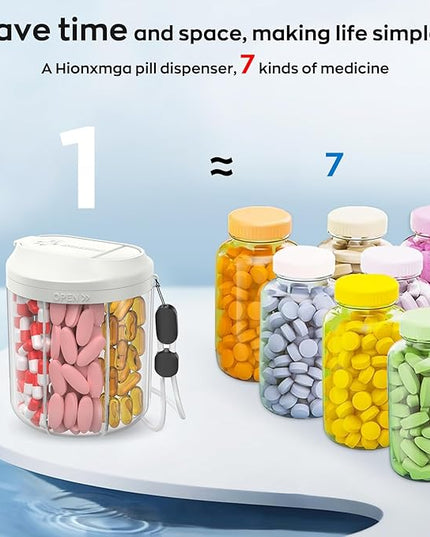 Pill Dispenser with 7 Large Compartments, 4.4" H x 3.6" Dia Pill Bottle Organizer for Travel, Supplement Organizer with Anti-Mixing Design, BPA-Free Pill Container with 20 Pcs Labels, Beige