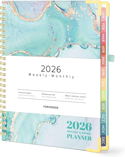 Forvencer 2026 Planner, Hardcover Calendar Planner Weekly and Monthly, Jan 2026 - Dec 2026, 6" x 8", Spiral Agenda Book with Tabs, Exquisite Daily Journal Organizer for Home School, Teal Marble