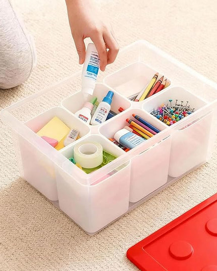 loobuu Plastic Storage Bins with Lids, Art Craft Supply Organizer Box with Brush Pot, Multipurpose Stackable Storage Containers for Organizing Tool, Craft, Crayon,Sewing (Red)