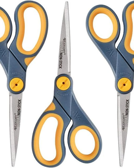 Westcott 8-Inch Titanium-Bonded Non-Stick Straight Scissors with Adjustable Glide Feature for Office and Home - Gray/Yellow, 3 Pack
